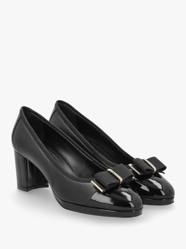 Paige Black Leather Block Heel Court Shoes