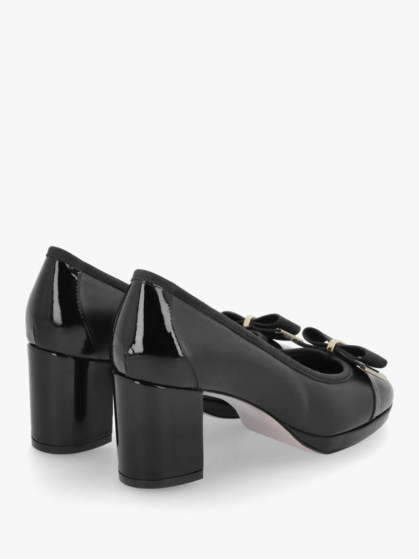 Paige Black Leather Block Heel Court Shoes