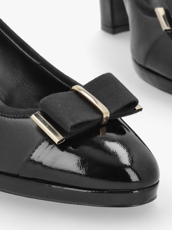 Paige Black Leather Block Heel Court Shoes