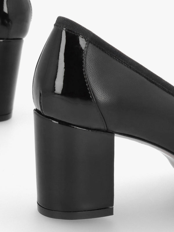 Paige Black Leather Block Heel Court Shoes
