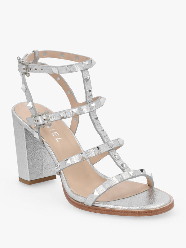 Pitter Silver Leather Studded Block Heeled Sandals