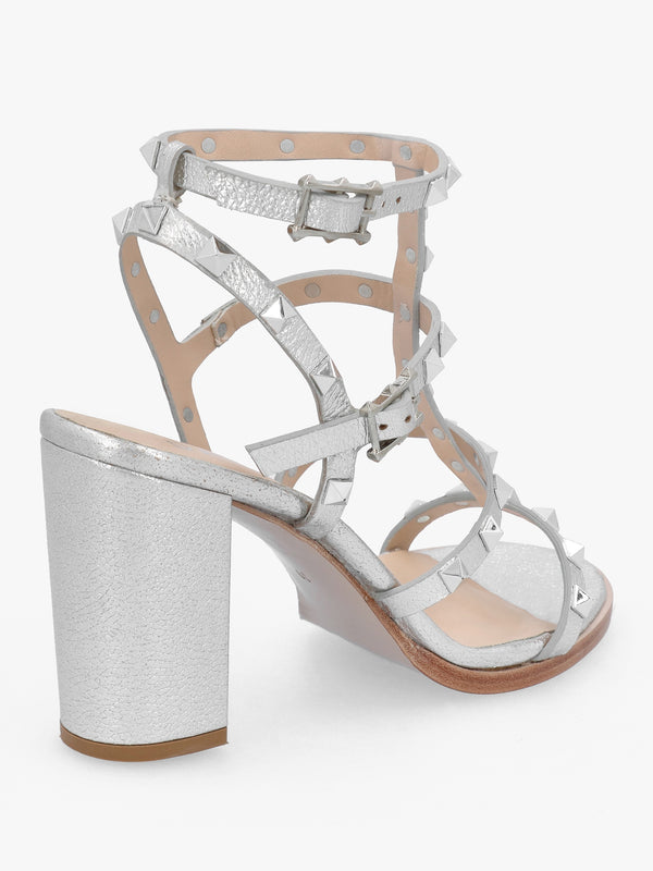 Pitter Silver Leather Studded Block Heeled Sandals