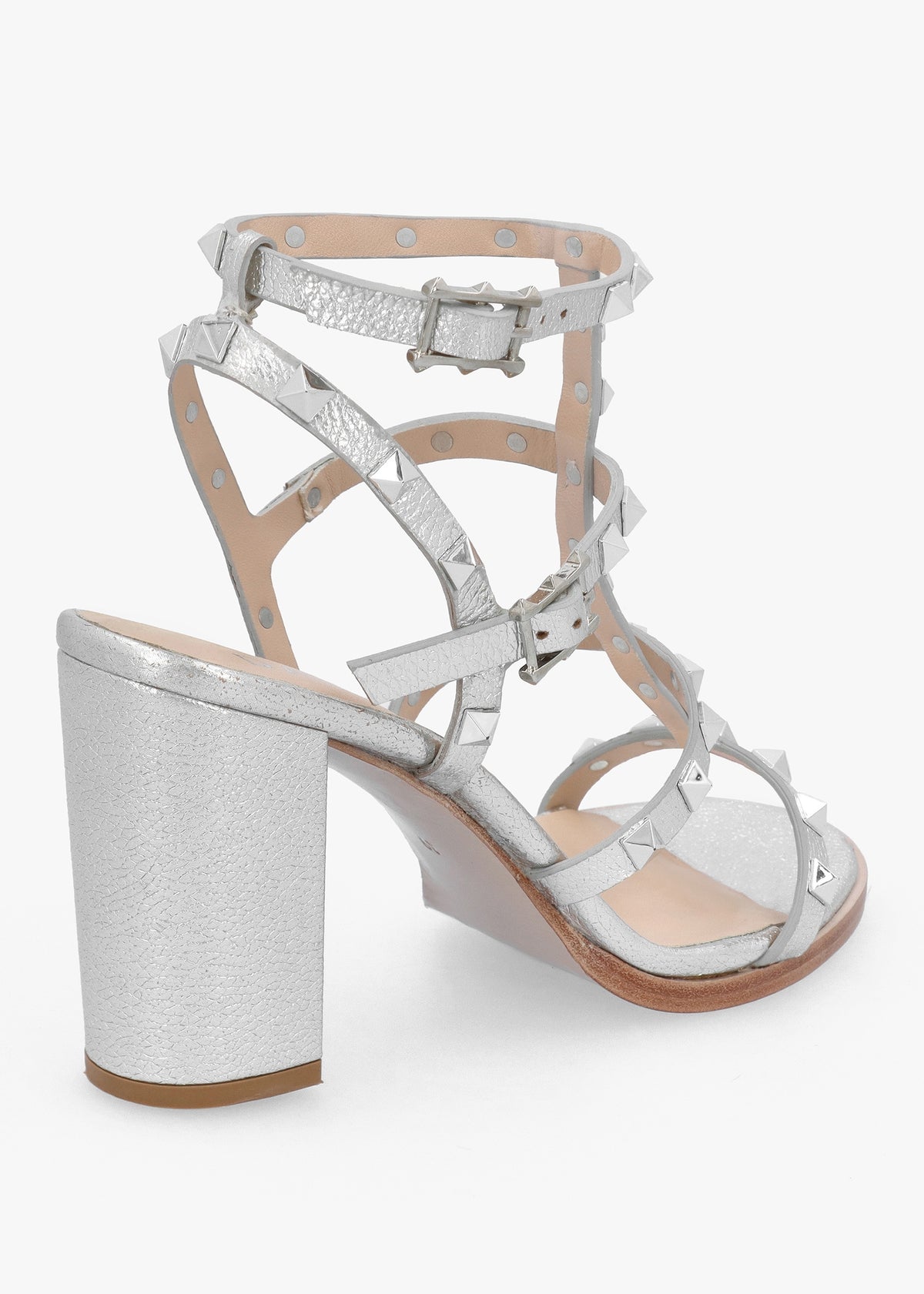 Pitter Silver Leather Studded Block Heeled Sandals