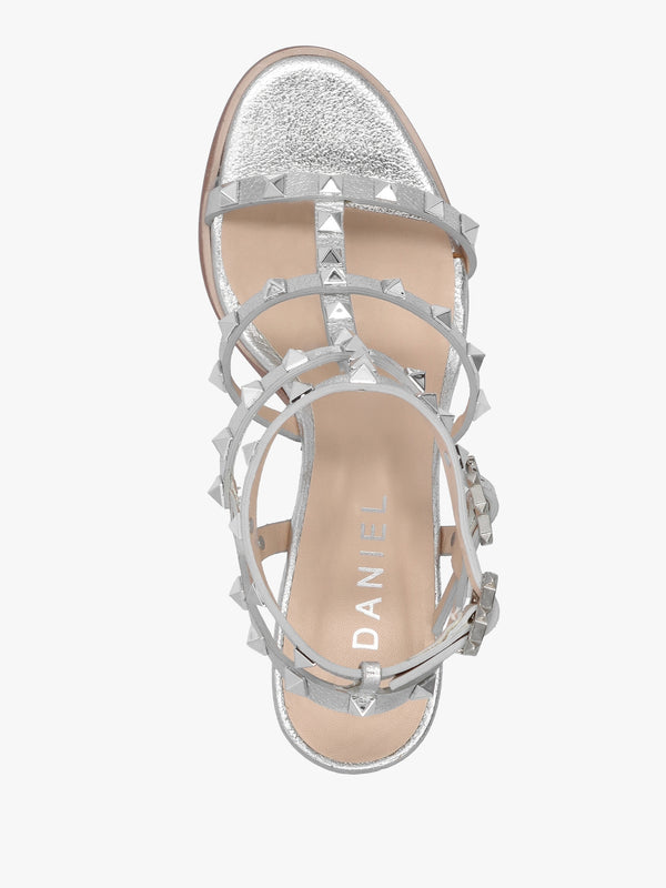 Pitter Silver Leather Studded Block Heeled Sandals