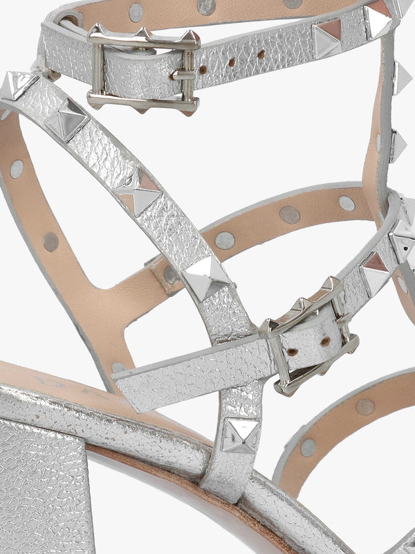 Pitter Silver Leather Studded Block Heeled Sandals