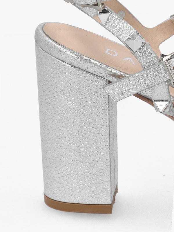 Pitter Silver Leather Studded Block Heeled Sandals