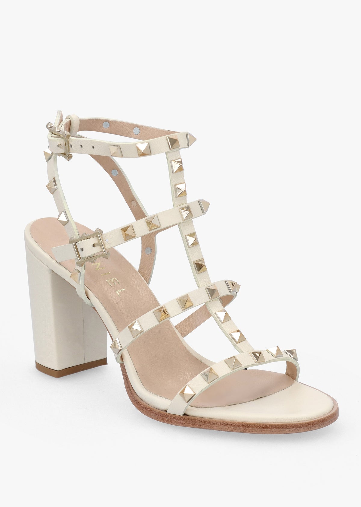 Pitter Cream Leather Studded Block Heeled Sandals