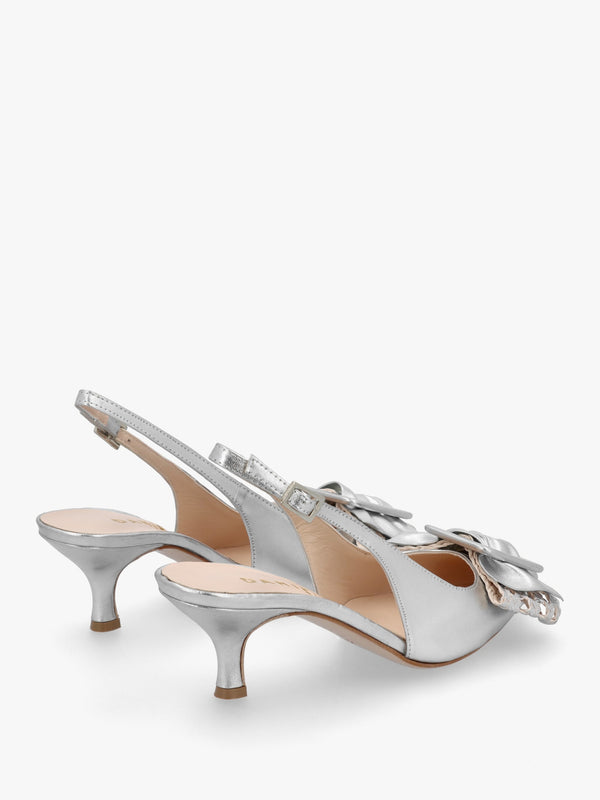 Galina Silver Leather Raffia Bow Heeled Sling Backs