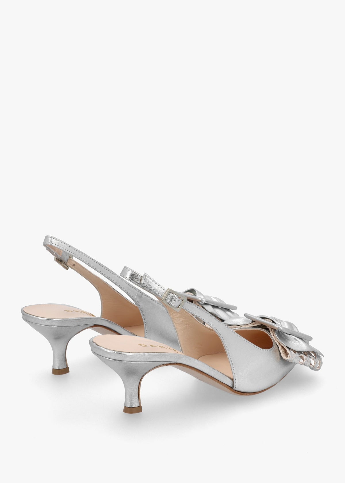 Galina Silver Leather Raffia Bow Heeled Sling Backs