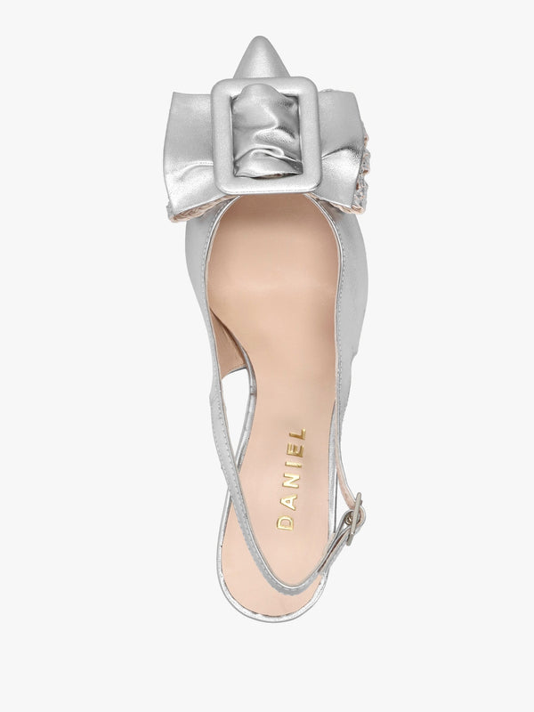 Galina Silver Leather Raffia Bow Heeled Sling Backs