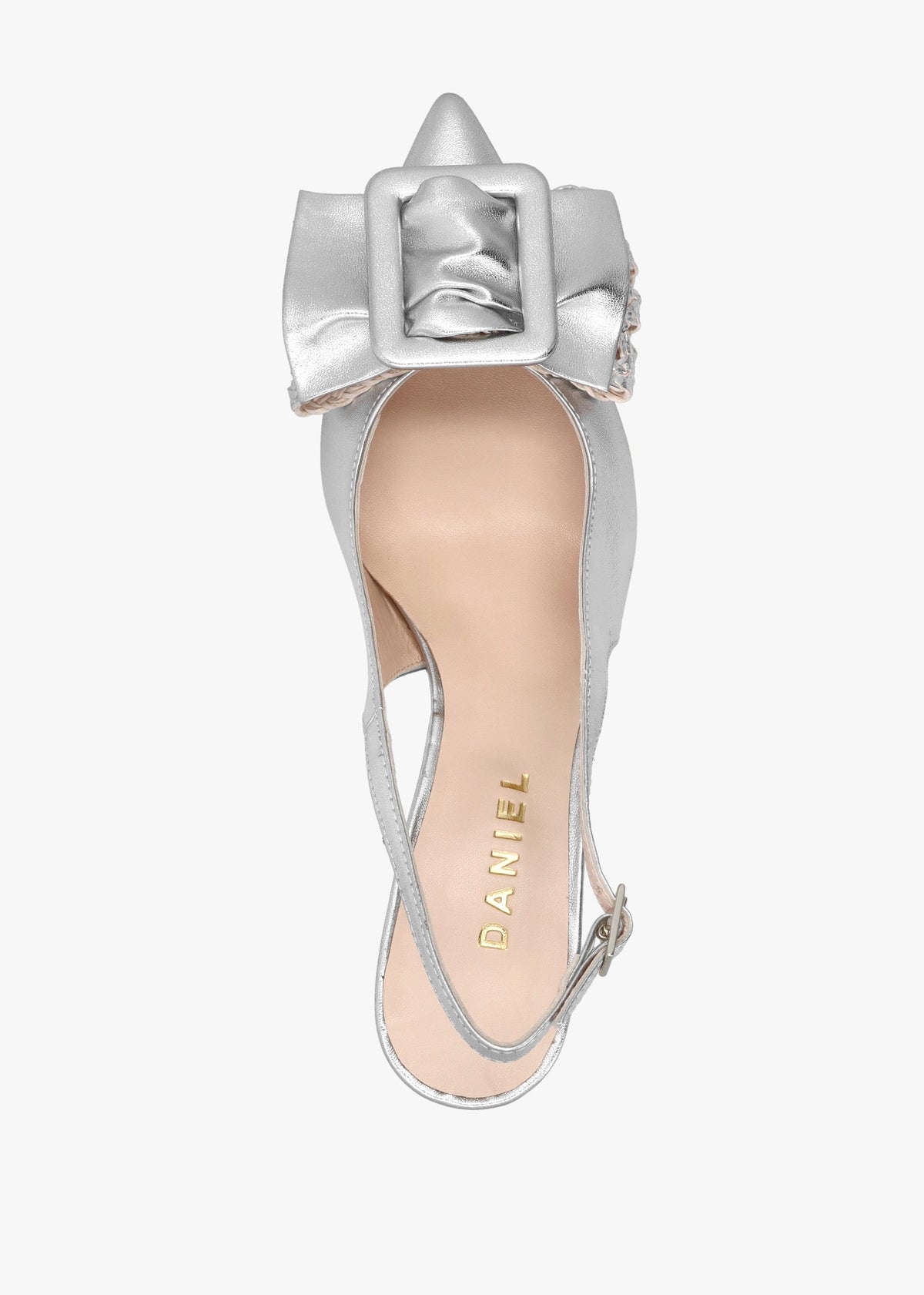 Galina Silver Leather Raffia Bow Heeled Sling Backs