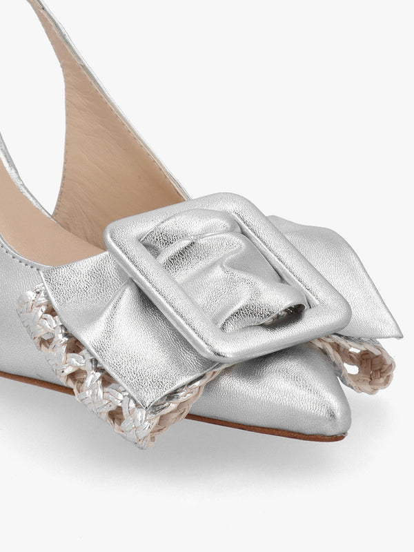 Galina Silver Leather Raffia Bow Heeled Sling Backs