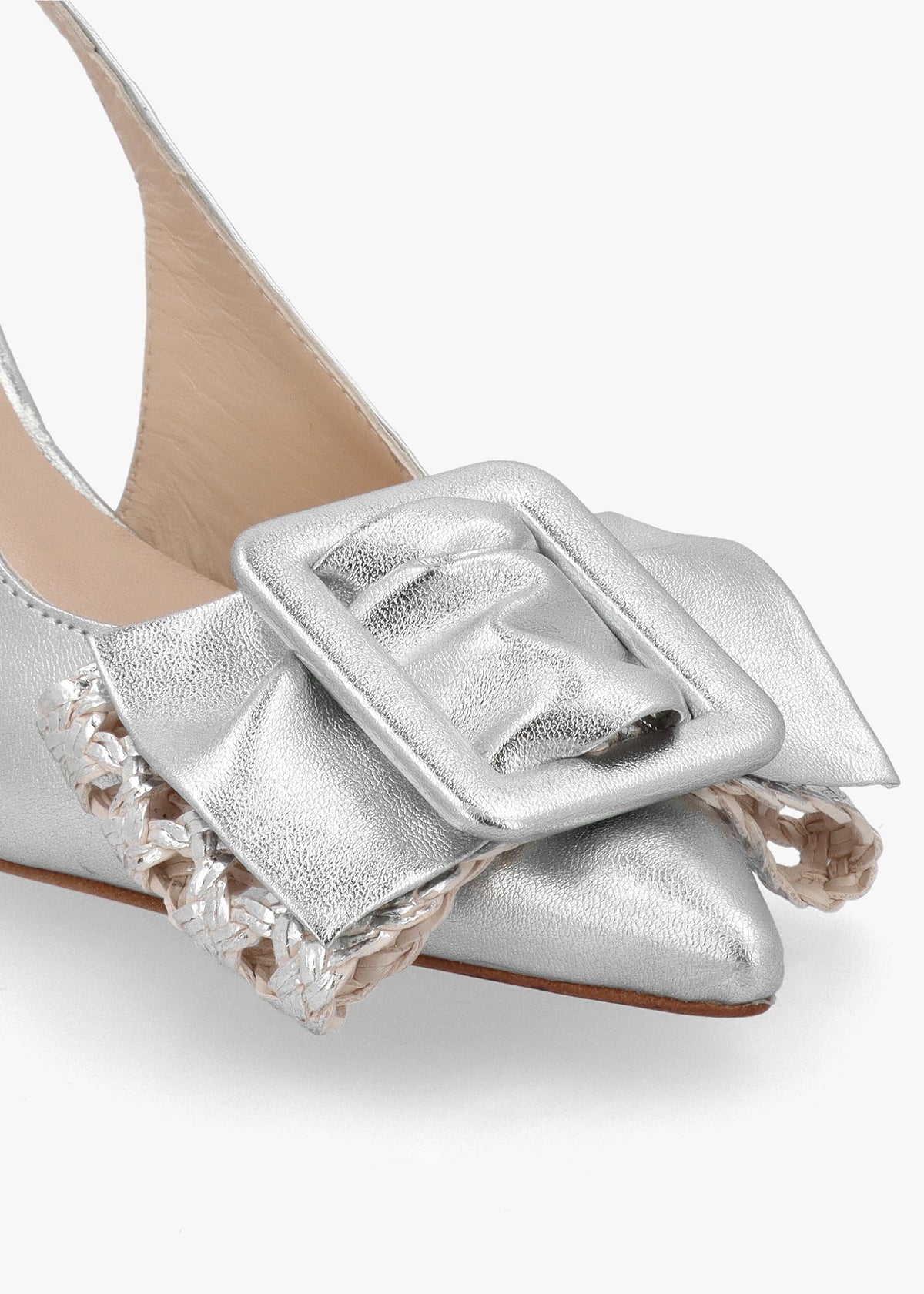Galina Silver Leather Raffia Bow Heeled Sling Backs