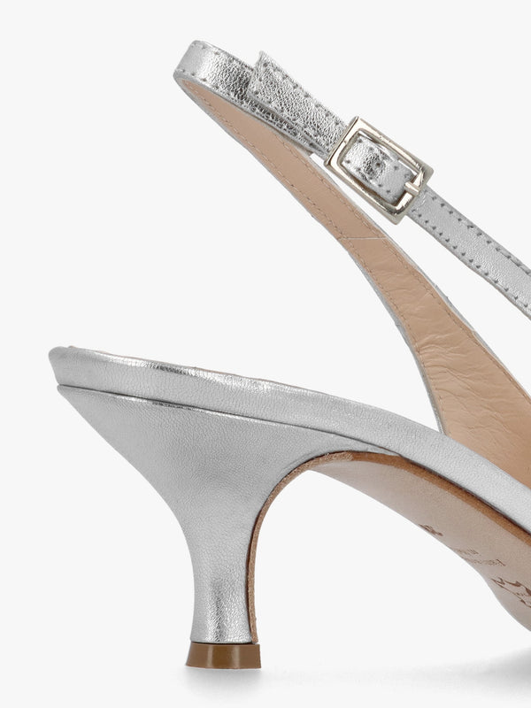 Galina Silver Leather Raffia Bow Heeled Sling Backs