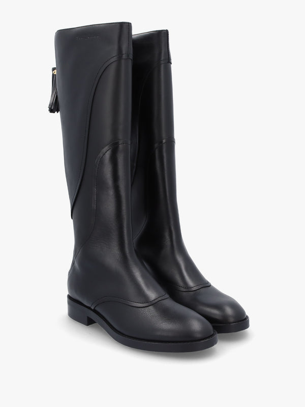 Tassel Patchwork Black Leather Knee Boots