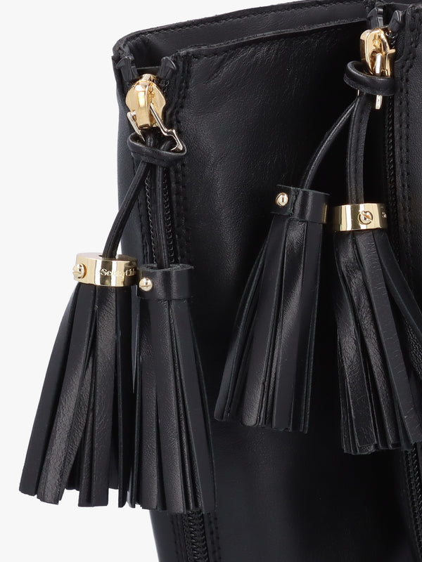 Tassel Patchwork Black Leather Knee Boots