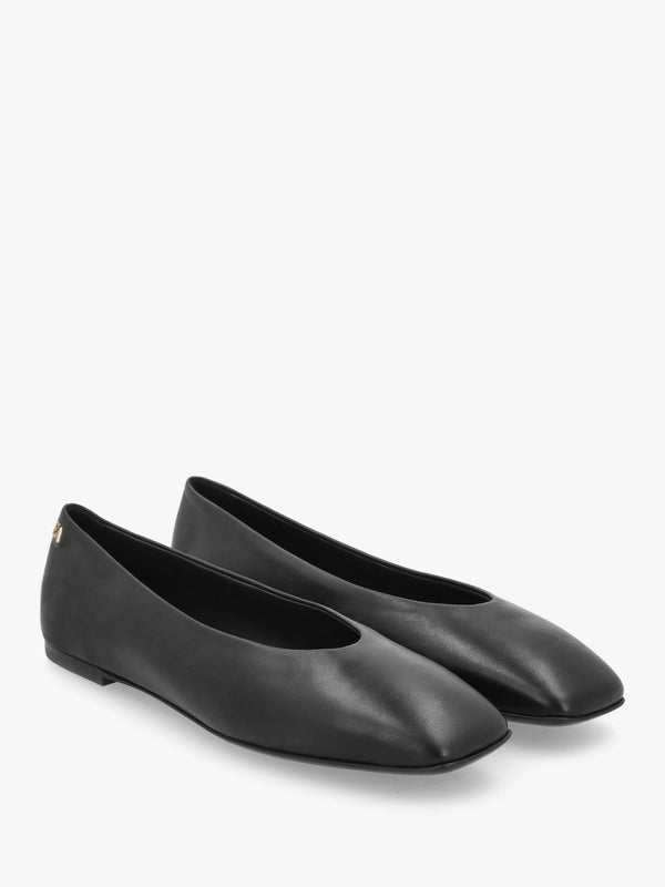 Black Leather Square Toe Ballet Pumps