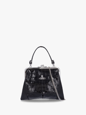Granny Frame Black Leather Croc Embossed Purse