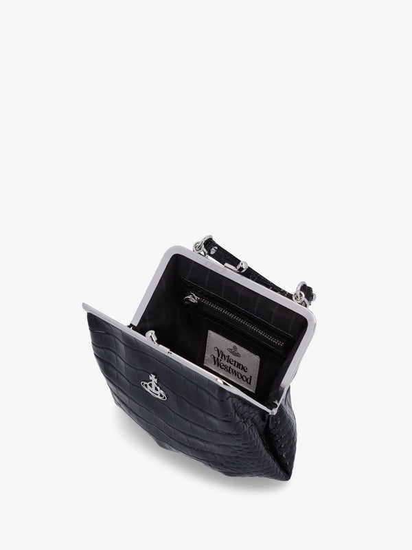 Granny Frame Black Leather Croc Embossed Purse