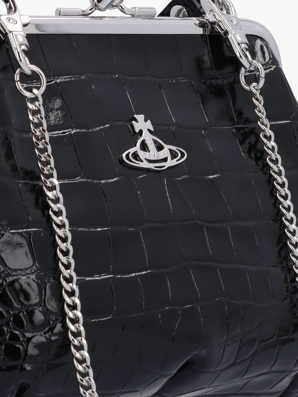 Granny Frame Black Leather Croc Embossed Purse