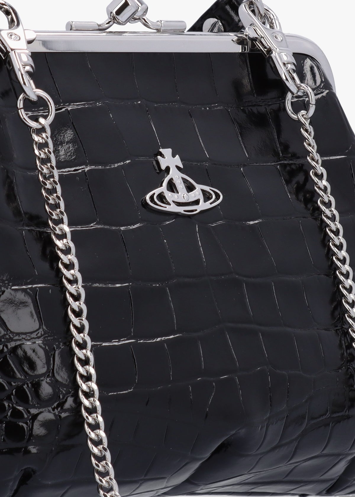 Granny Frame Black Leather Croc Embossed Purse