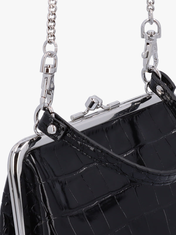 Granny Frame Black Leather Croc Embossed Purse
