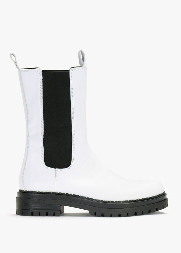 Izzie White Leather Elongated Chelsea Boots