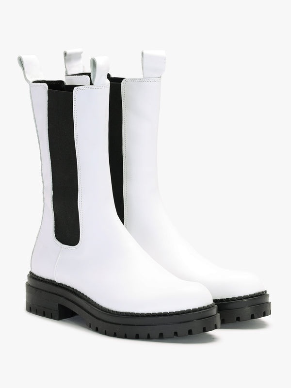 Izzie White Leather Elongated Chelsea Boots