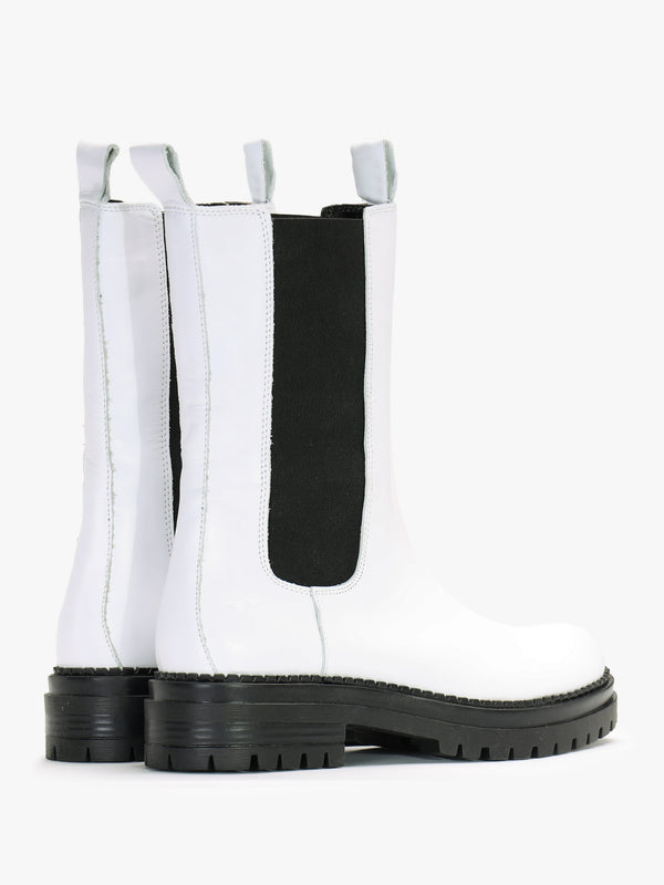 Izzie White Leather Elongated Chelsea Boots
