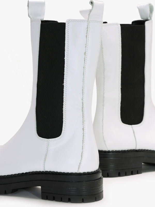 Izzie White Leather Elongated Chelsea Boots