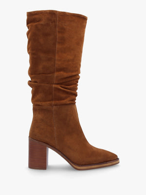 Astrid Tan Suede Rouched Block Heel Knee Boots