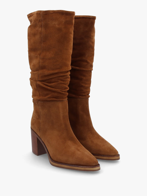Astrid Tan Suede Rouched Block Heel Knee Boots