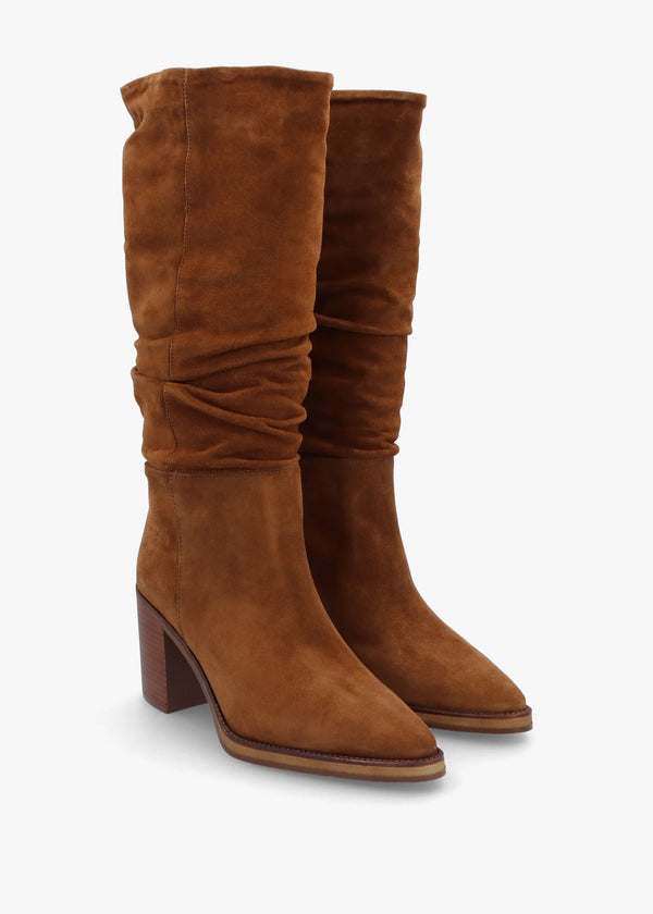Astrid Tan Suede Rouched Block Heel Knee Boots