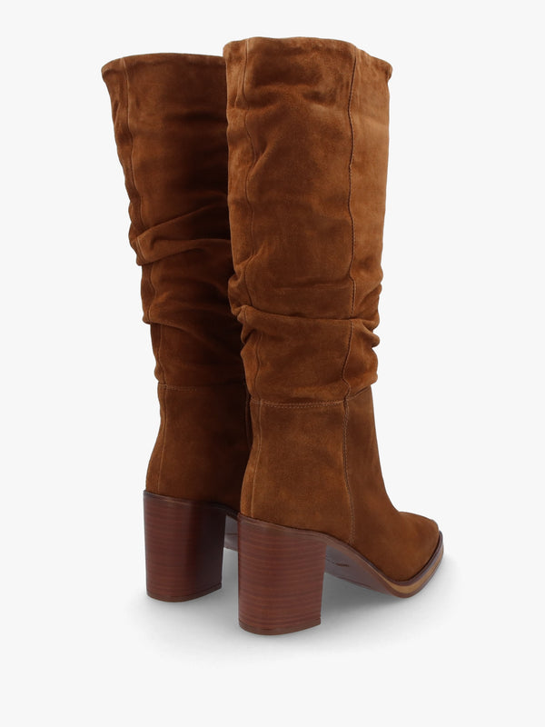 Astrid Tan Suede Rouched Block Heel Knee Boots