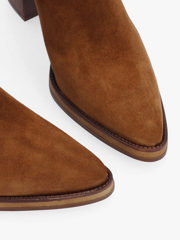 Astrid Tan Suede Rouched Block Heel Knee Boots
