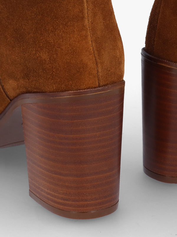 Astrid Tan Suede Rouched Block Heel Knee Boots