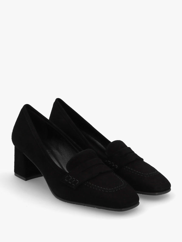 Black Suede Square Toe Block Heel Loafers
