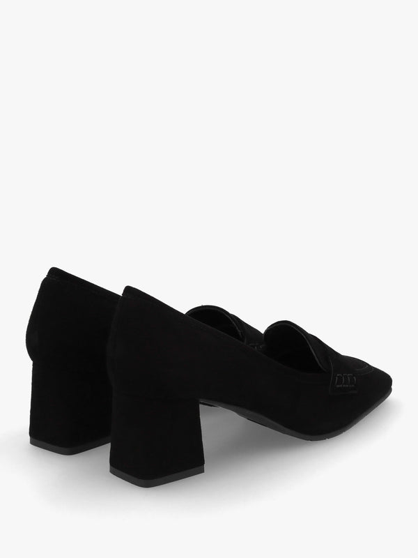 Black Suede Square Toe Block Heel Loafers