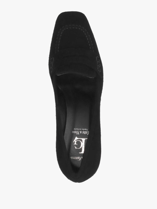 Black Suede Square Toe Block Heel Loafers