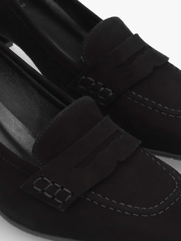 Black Suede Square Toe Block Heel Loafers