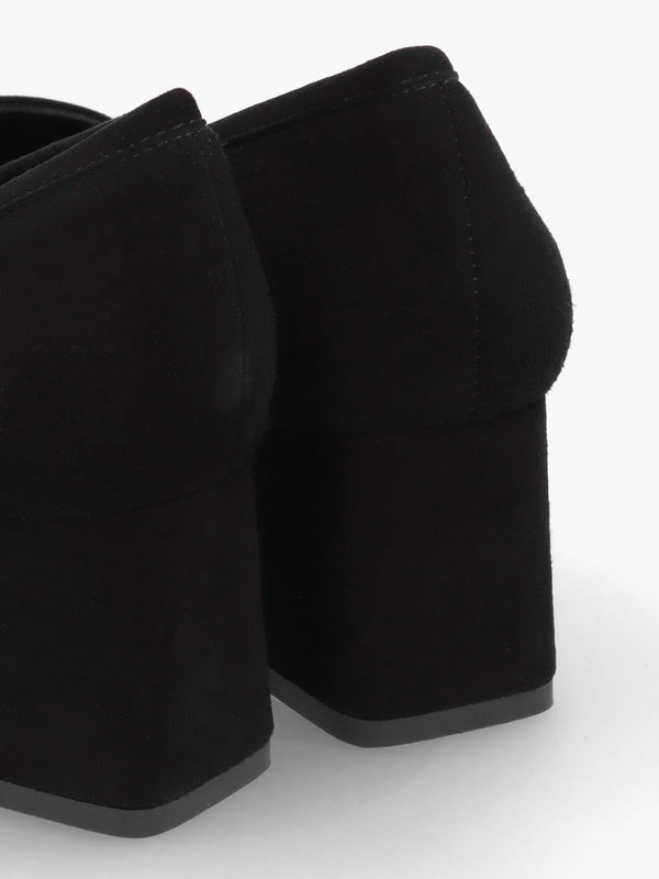 Black Suede Square Toe Block Heel Loafers