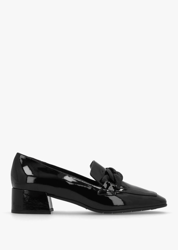 Black Patent Leather Chain Link Low Heel Loafers