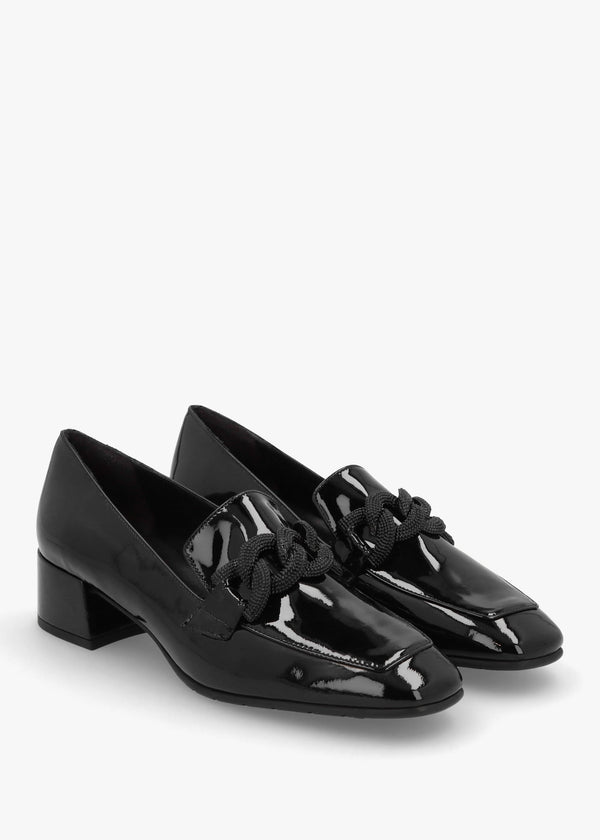 Black Patent Leather Chain Link Low Heel Loafers