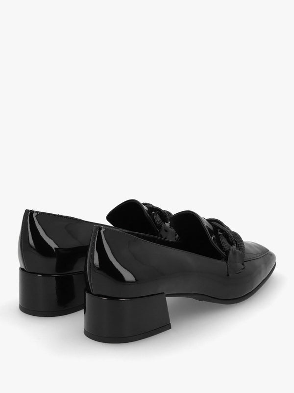 Black Patent Leather Chain Link Low Heel Loafers