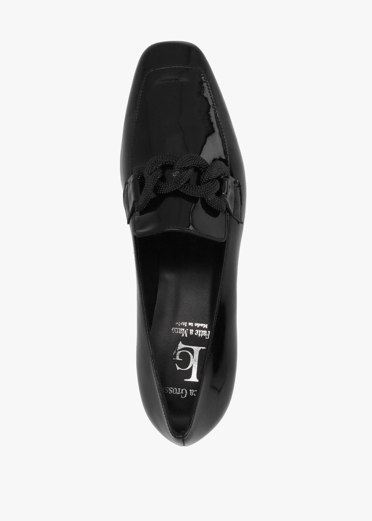 Black Patent Leather Chain Link Low Heel Loafers