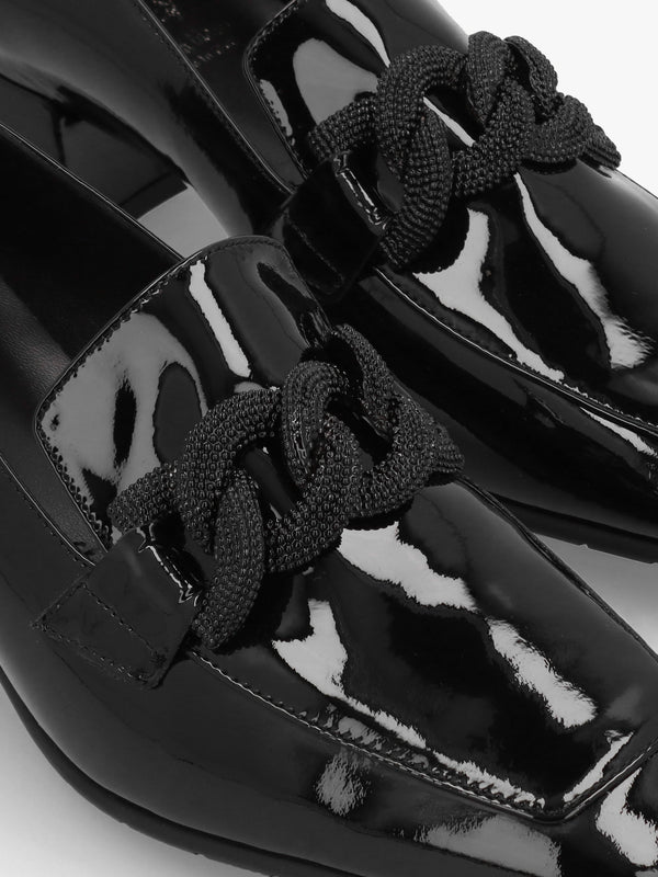Black Patent Leather Chain Link Low Heel Loafers
