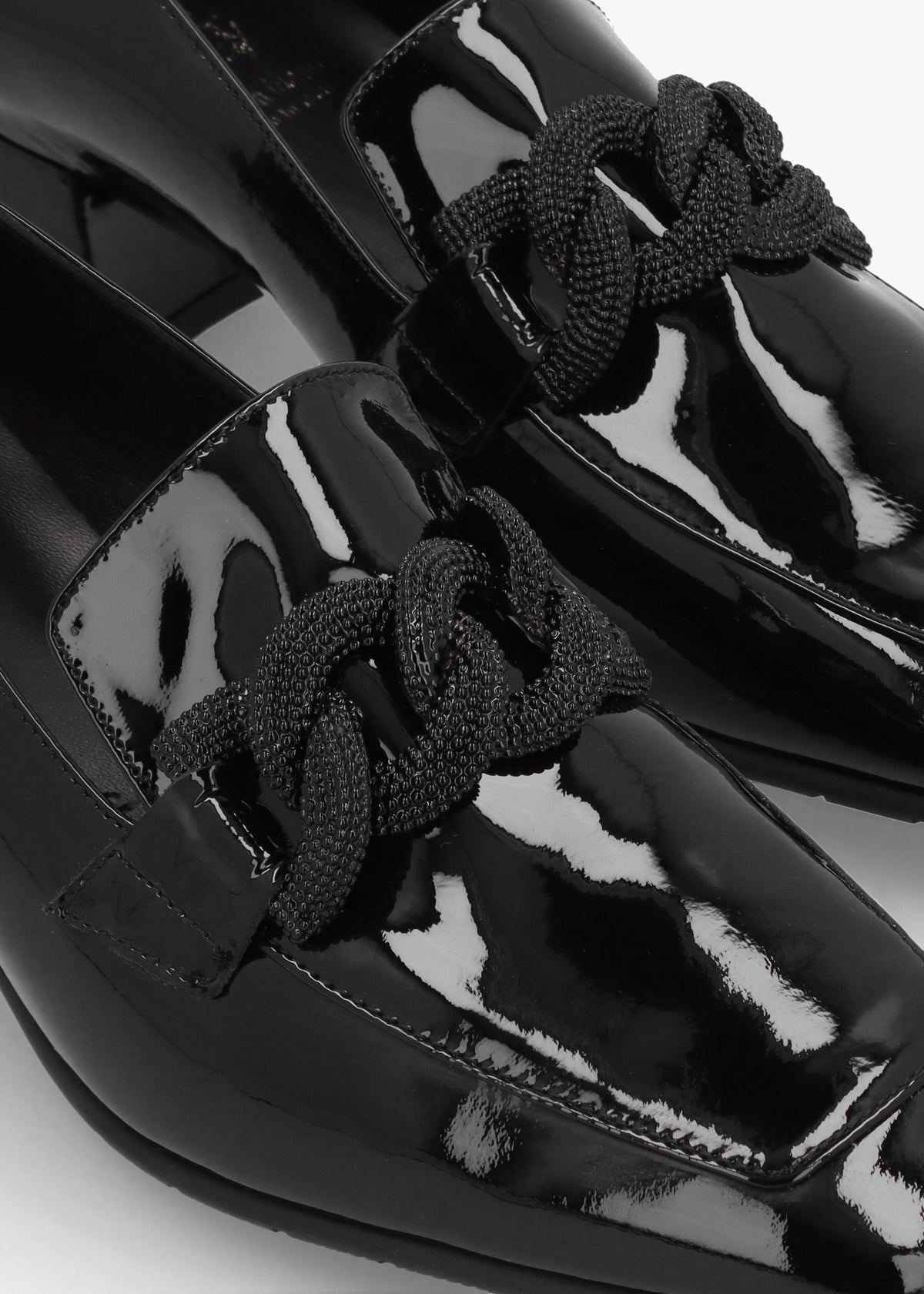 Black Patent Leather Chain Link Low Heel Loafers