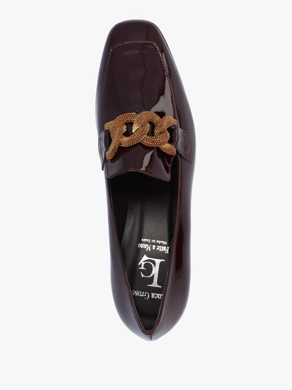 Burgundy Patent Leather Chain Link Low Heel Loafers