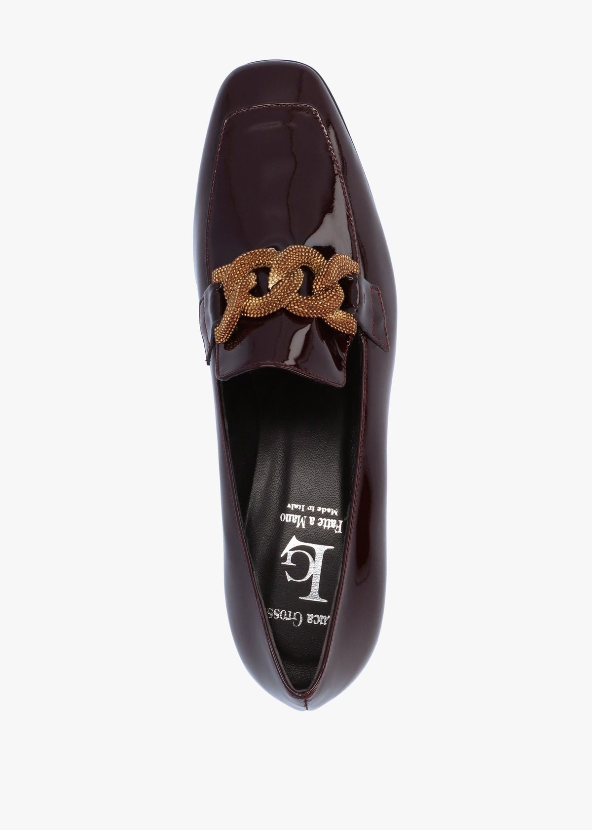 Burgundy Patent Leather Chain Link Low Heel Loafers
