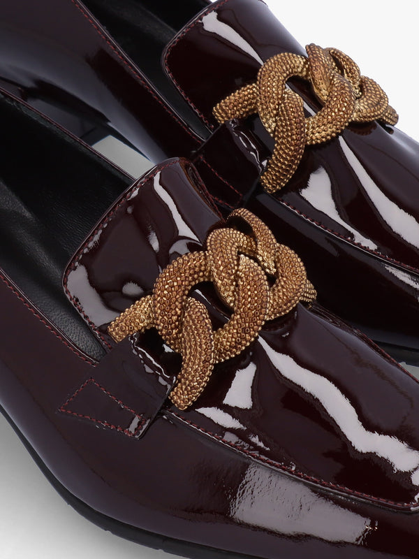 Burgundy Patent Leather Chain Link Low Heel Loafers